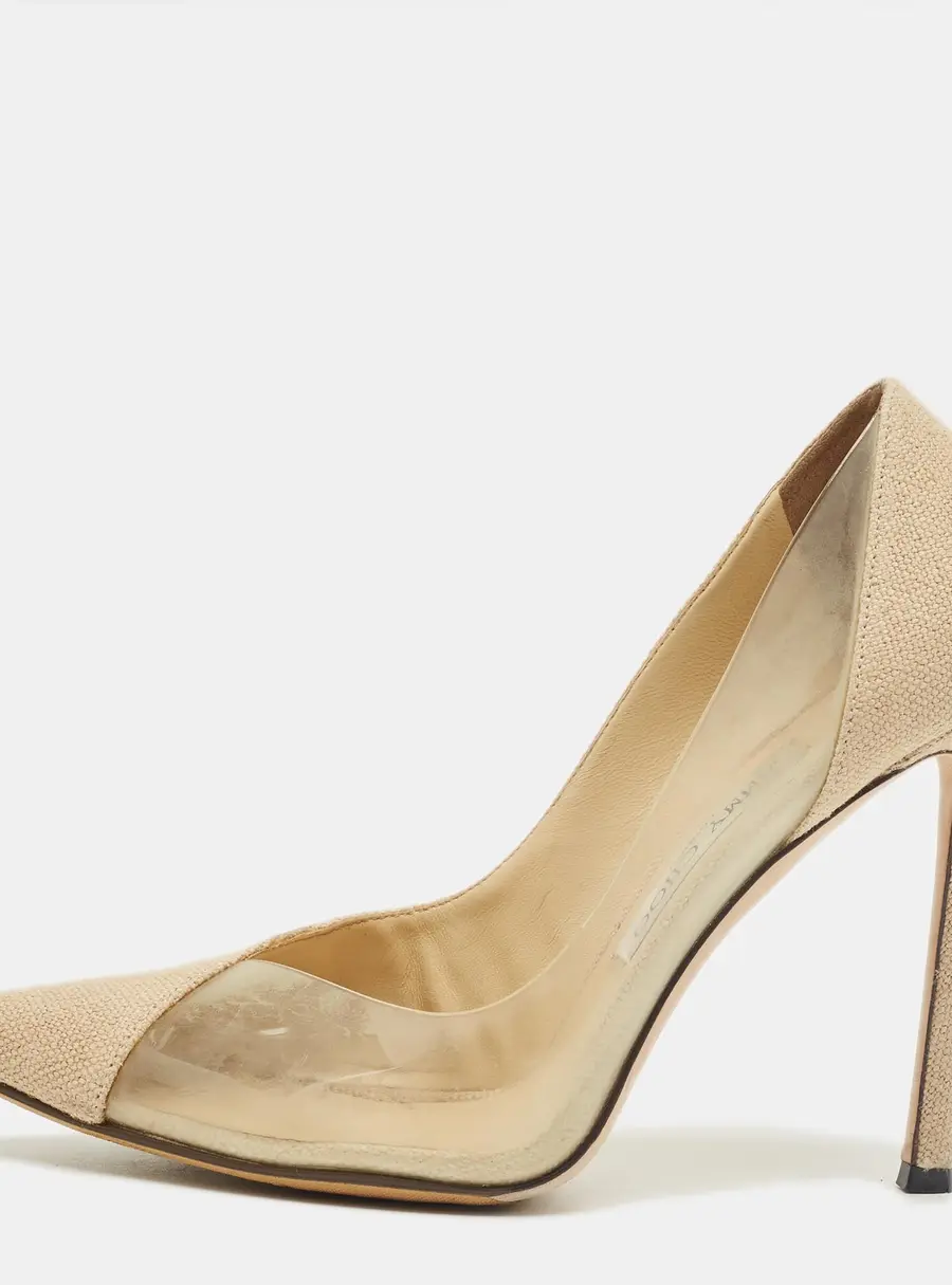 Jimmy Choo Beige Linen and PVC Cass Pointed Toe Pumps Size 37