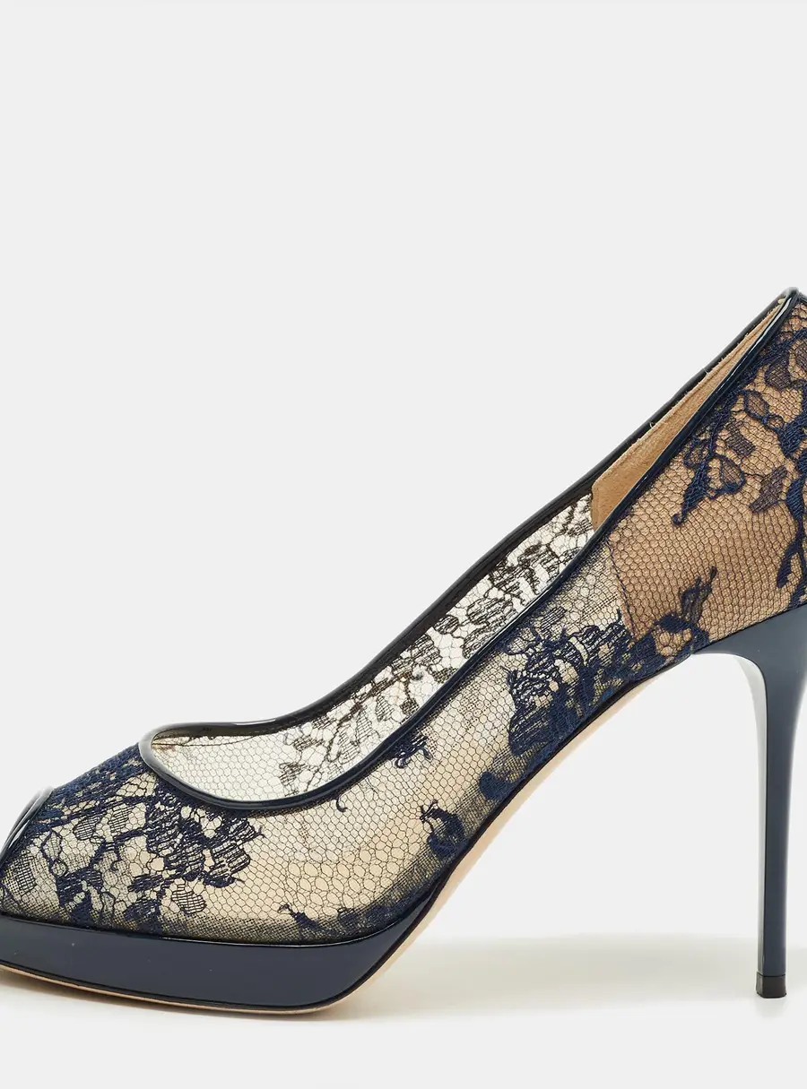 Jimmy Choo Navy Blue Lace and Patent Leather Luna Peep Toe Pumps Size 40