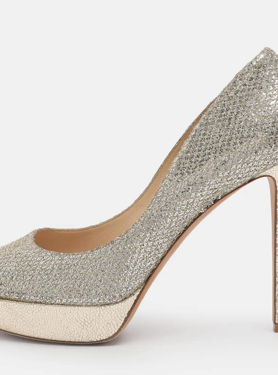 Jimmy Choo Dahlia Size 41 Silver/Gold Glitter and Lurex Fabric Platform Pumps