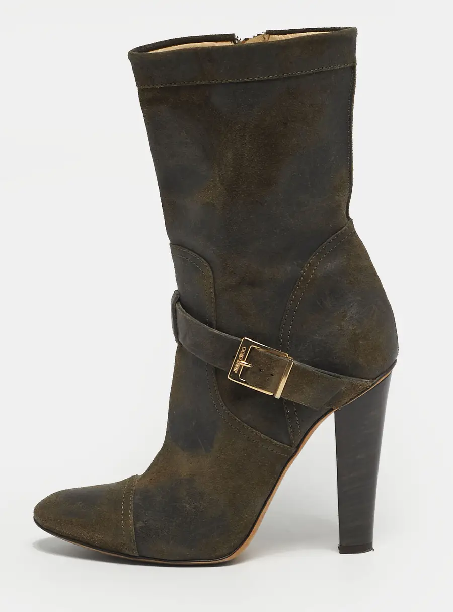 Jimmy Choo Size 37.5 Olive Green Suede Ankle Length Boots