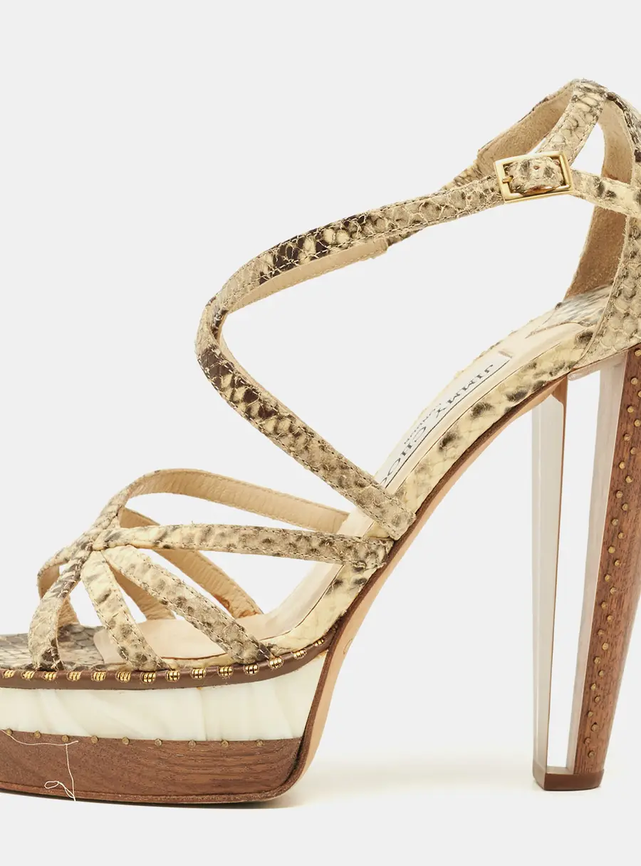 Jimmy Choo Size 38 Cream Beige/Brown Python Embossed Leather Ankle Strap Sandals