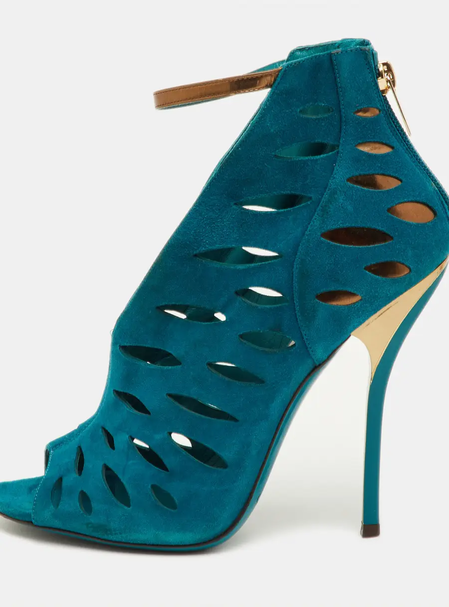 Jimmy Choo Size 37 Teal Blue Cutout Suede Tamber Ankle Strap Booties