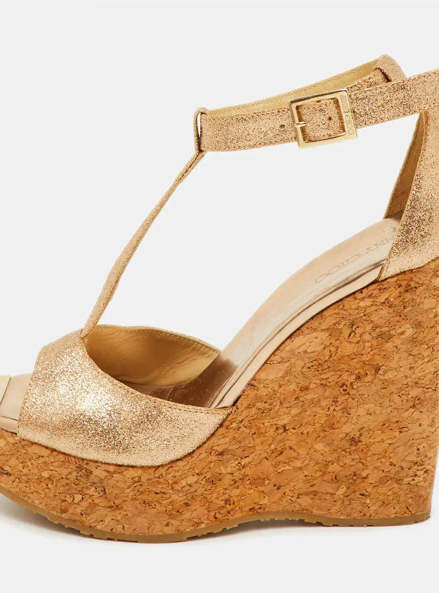 Jimmy Choo Size 39 Metallic Glitter T-Strap Pela Cork Platform Wedge Sandals