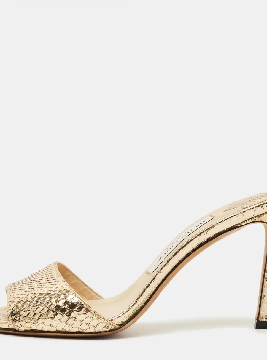 Jimmy Choo Stacey Size 37 Gold Snakeskin Embossed Leather Slide Sandals