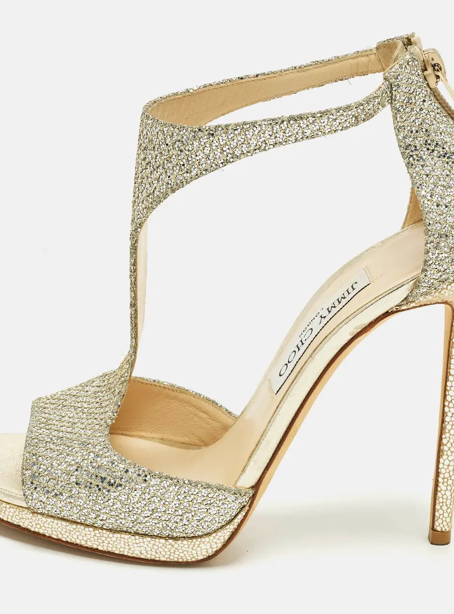 Jimmy Choo Lana 120 Size 39 Gold Glitter T Strap Sandals