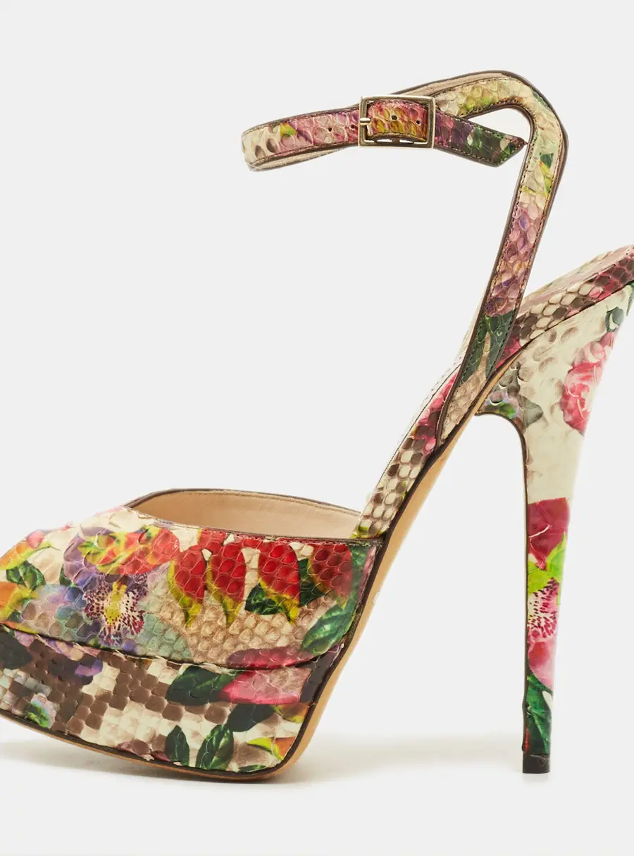 Jimmy Choo Rosie Size 37.5 Multicolor Python Leather Peep Toe Pumps
