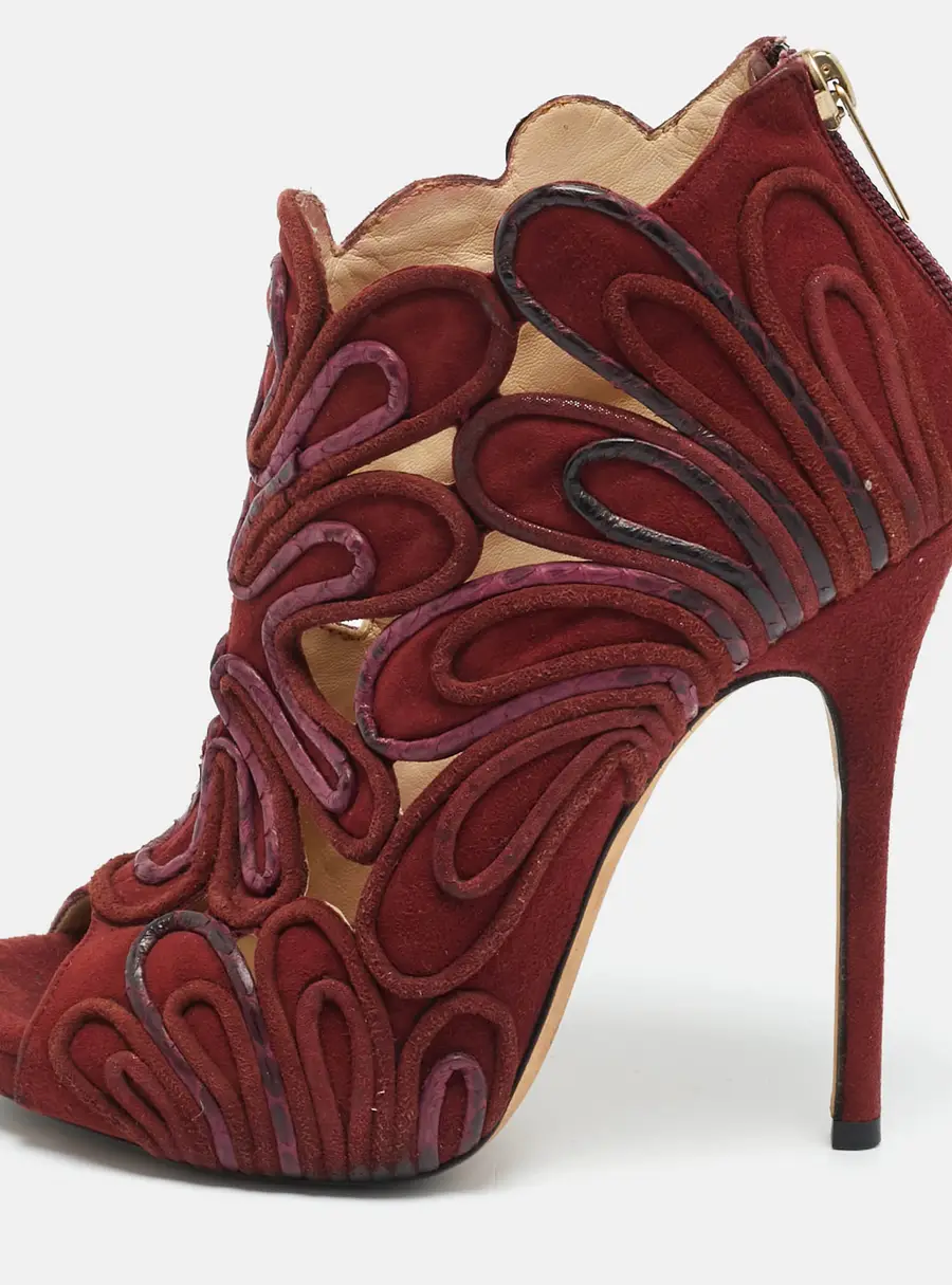 Jimmy Choo Kalipso Size 36 Burgundy Python Leather and Suede Cutout Ankle Length Boots