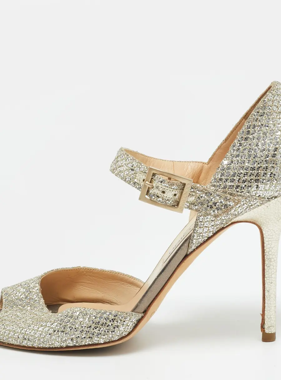 Jimmy Choo Size 40.5 Gold Glitter and Leather Peep Toe Ankle Strap Pumps