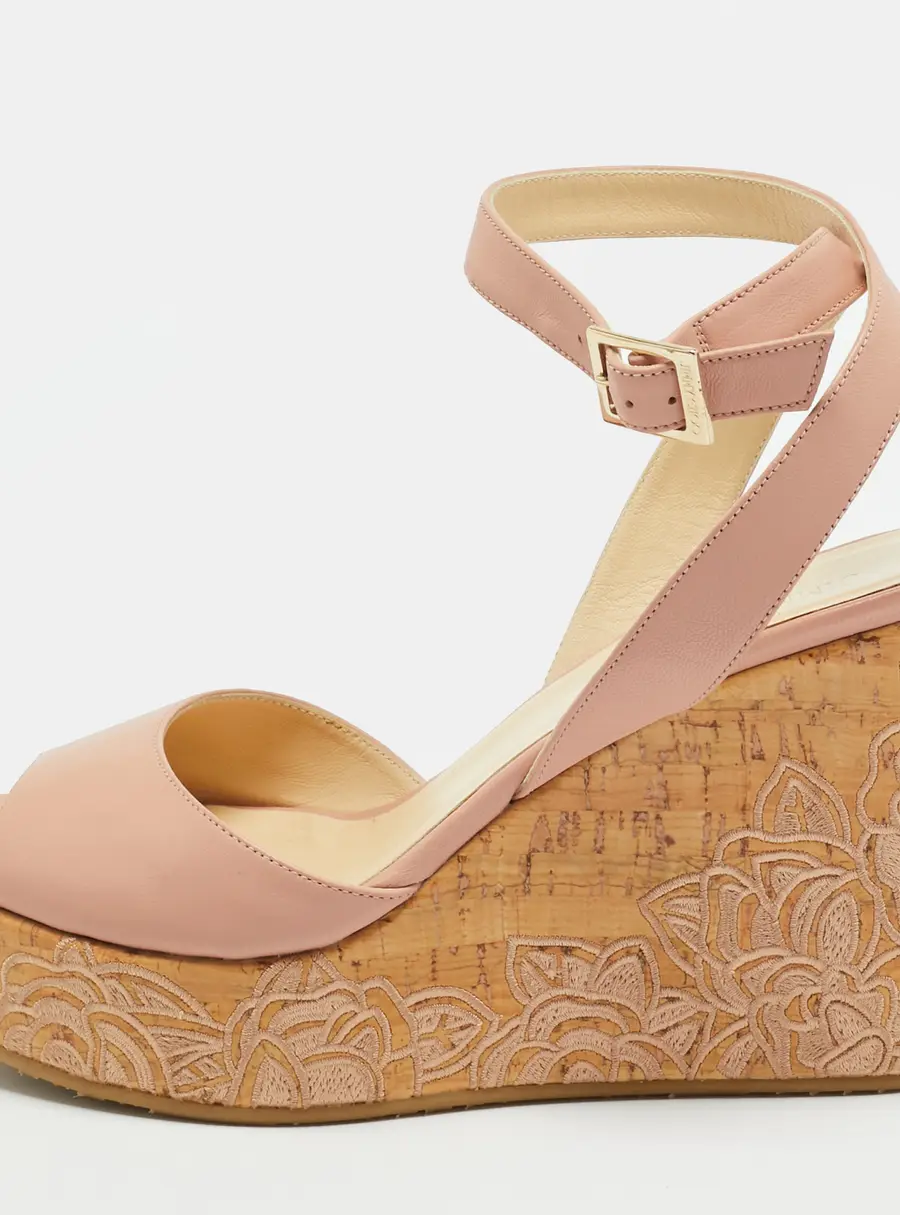 Jimmy Choo Patara Size 39 Pink Leather Embroidered cork Wedge Sandals