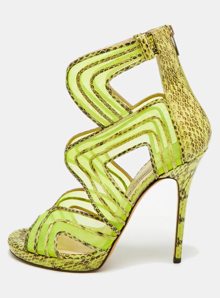 Jimmy Choo Magnum Size 40 Tricolor Net and Python Leather Cut-out Platform Pumps