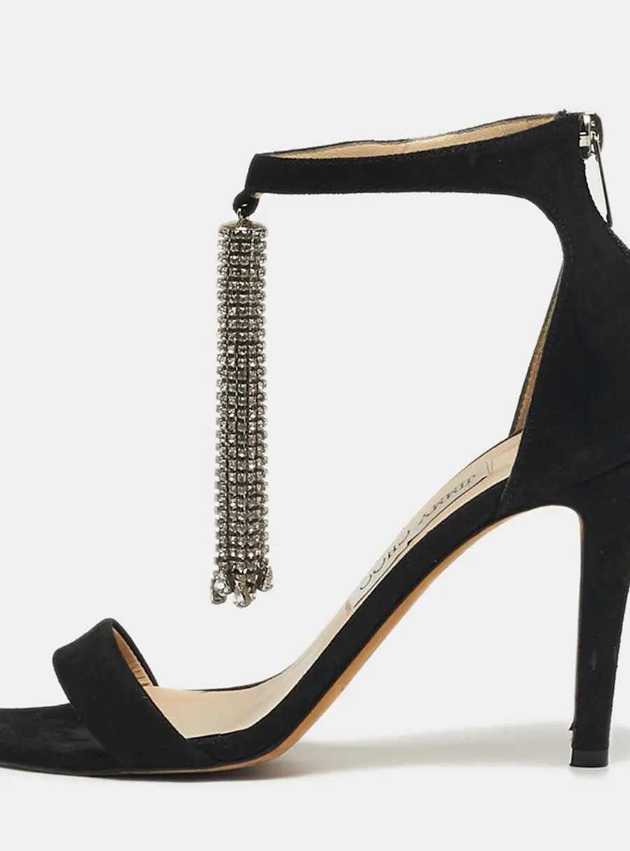 Jimmy Choo  Size 38 Black Suede Viola Crystal Fringe Sandals