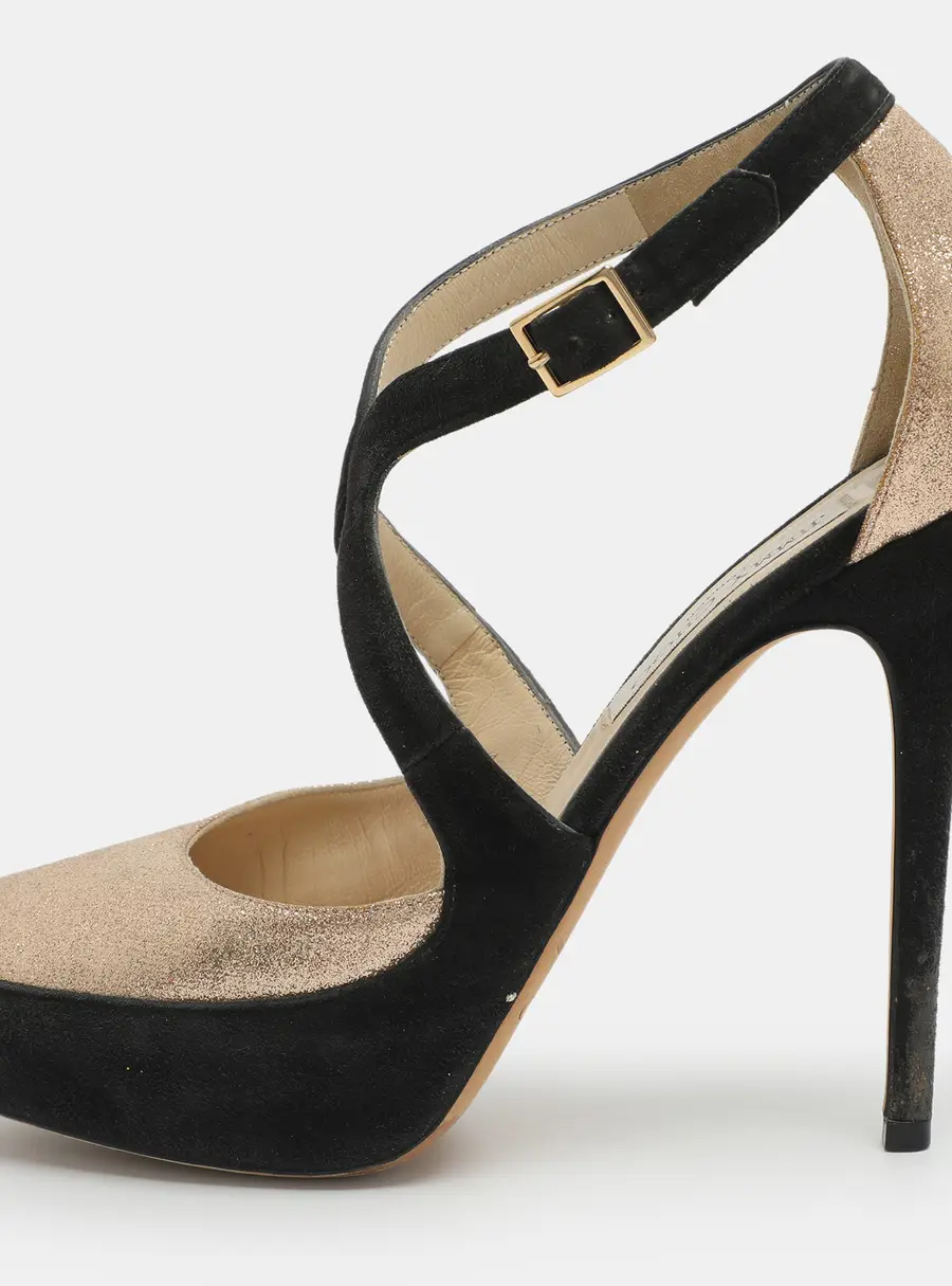 Jimmy Choo Size 38.5 Gold Glitter and Suede Platform Ankle Strap Pumps