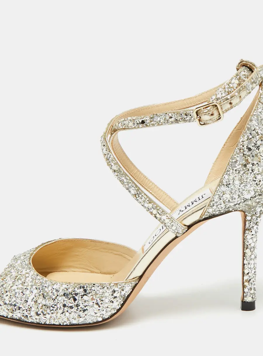 Jimmy Choo Emsy Size 38 Metallic Glitter Criss Cross Ankle Strap Sandals