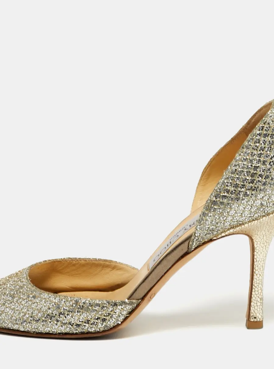 Jimmy Choo Logan Size 36 Gold Glitter Peep Toe Pumps