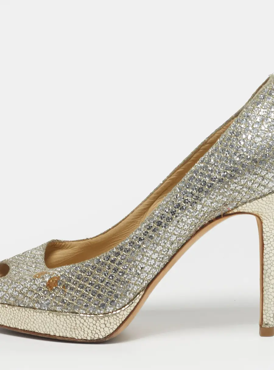 Jimmy Choo Luna Size 35.5 Silver Fabric and Glitter Peep Toe Pumps