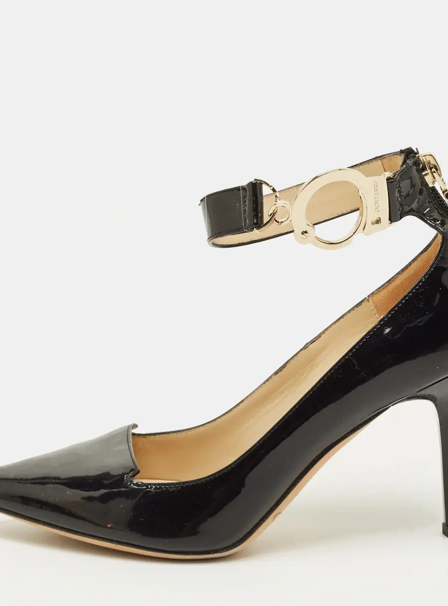 Jimmy Choo Devote Size 35.5 Black Patent Leather Handcuff Pointed Toe Pumps