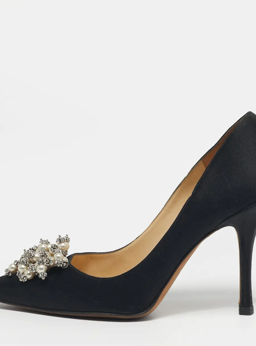 Jimmy Choo Manda Size 39.5 Black Satin Embellished Pointed Toe Pumps