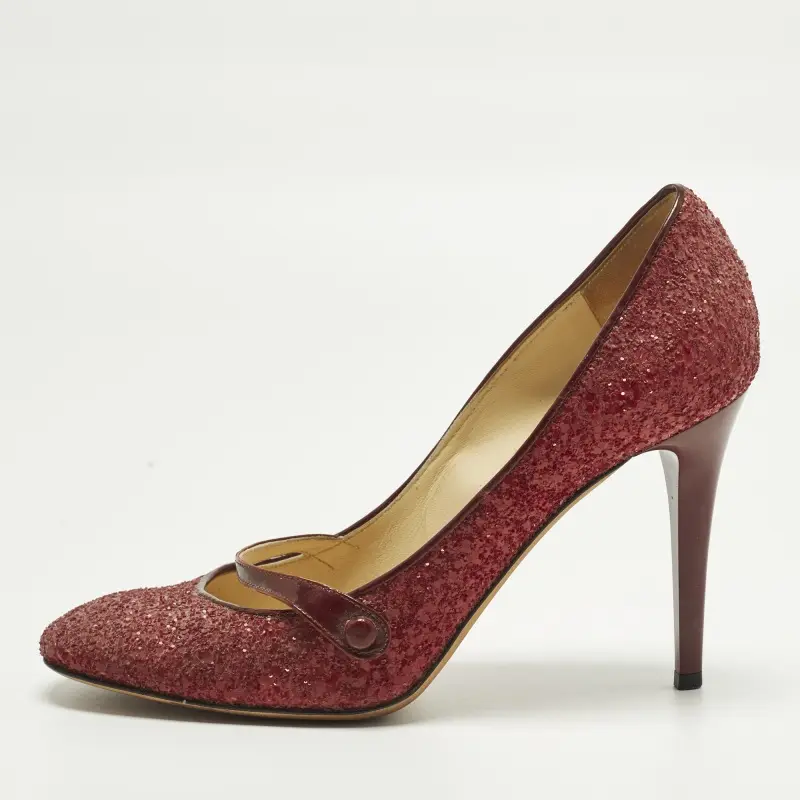 Jimmy Choo Jane Size 39 Burgundy Glitter and Patent Leather Mary Jane Pumps