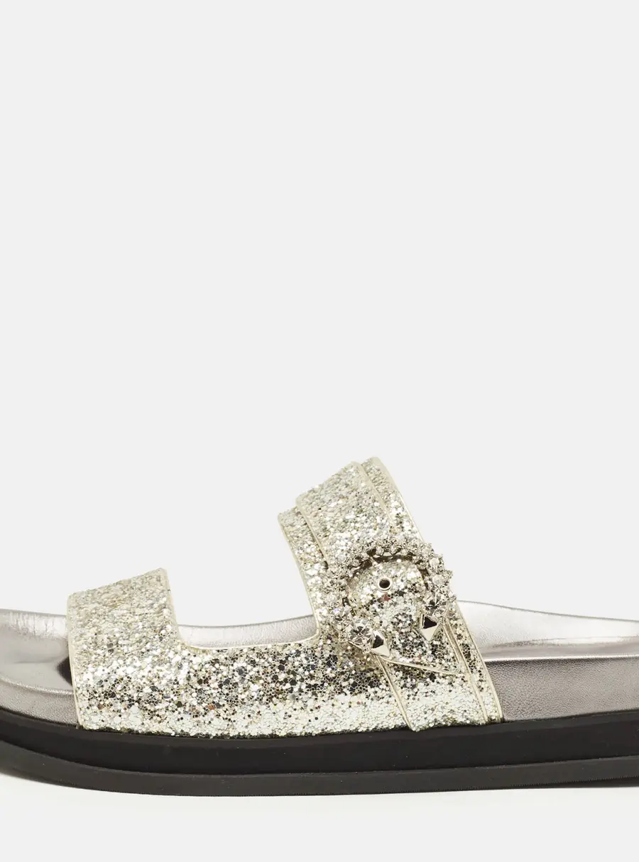 Jimmy Choo Marga Size 41 Silver Glitter and Leather Crystal Embellished Flat Sandals