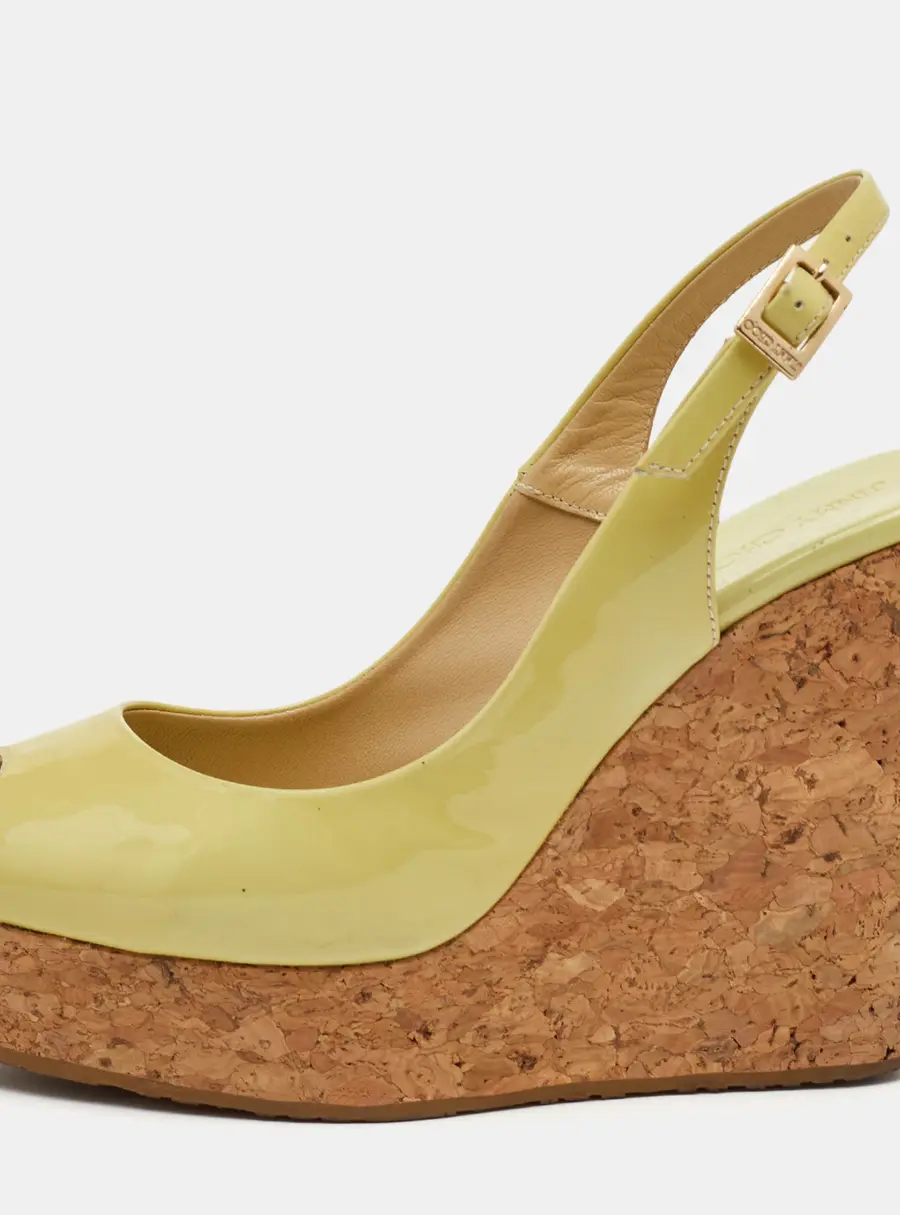 Jimmy Choo Praise Cork&nbsp;Size 39 Yellow Patent Leather Platform Slingback Wedge Sandals