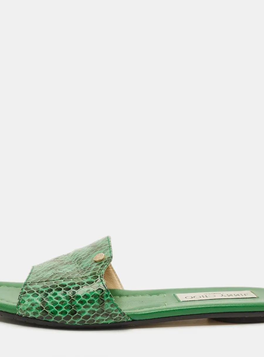 Jimmy Choo Nanda Size 35.5 Green Snakeskin Leather Flat Slides
