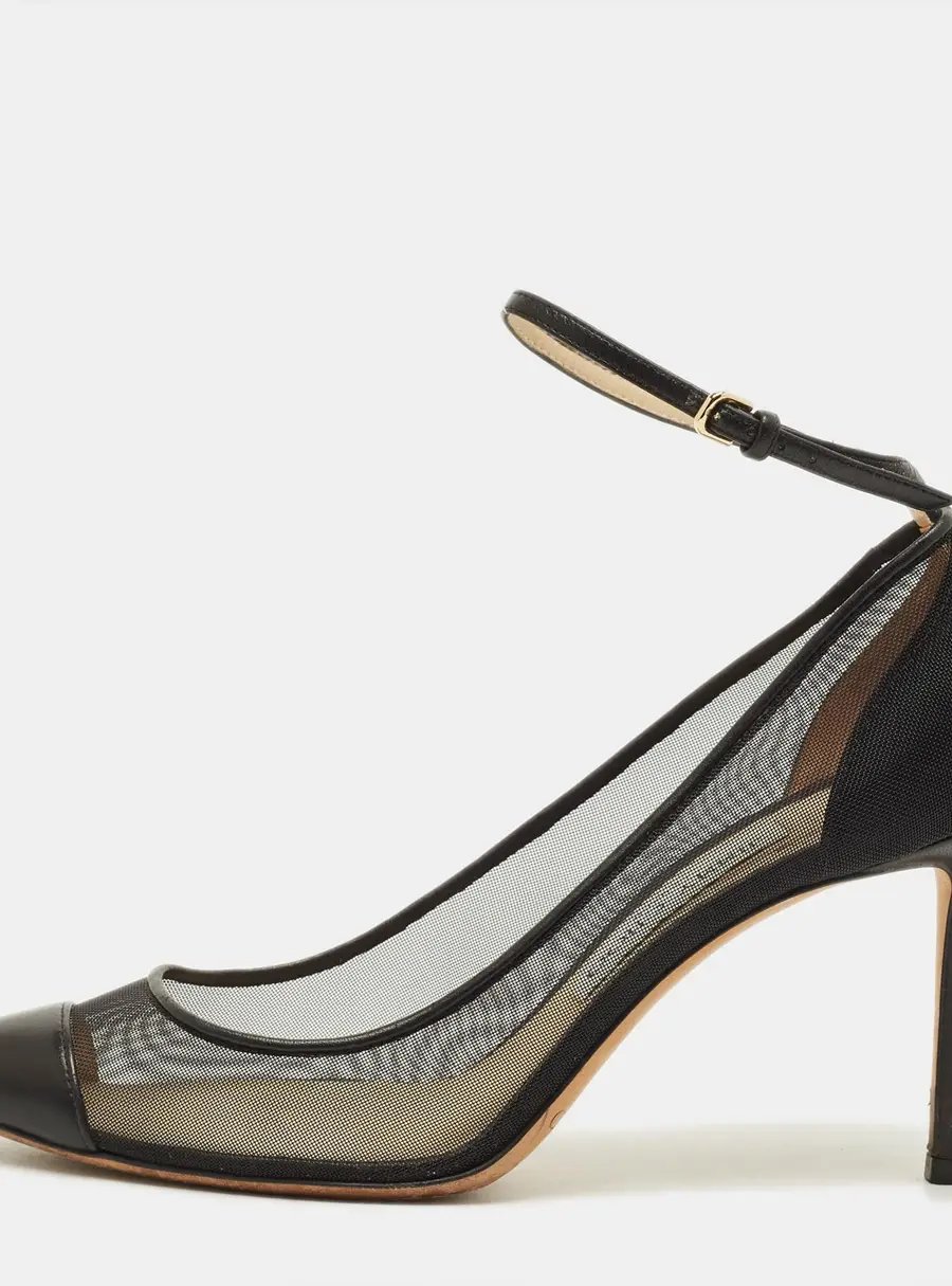 Jimmy Choo Size 38 Black Leather and Mesh Ankle Strap Pumps