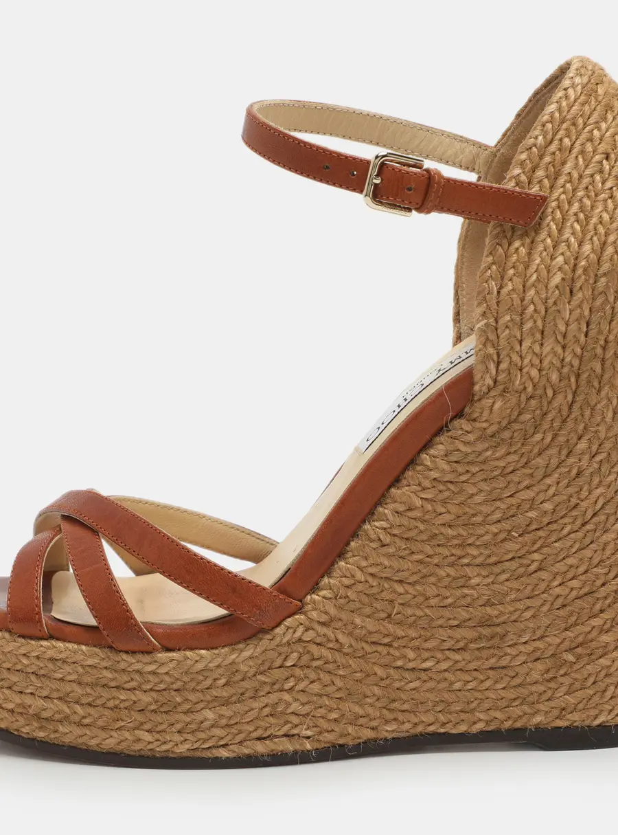 Jimmy Choo Size 38 Brown Jute and Leather Wedge Sandals