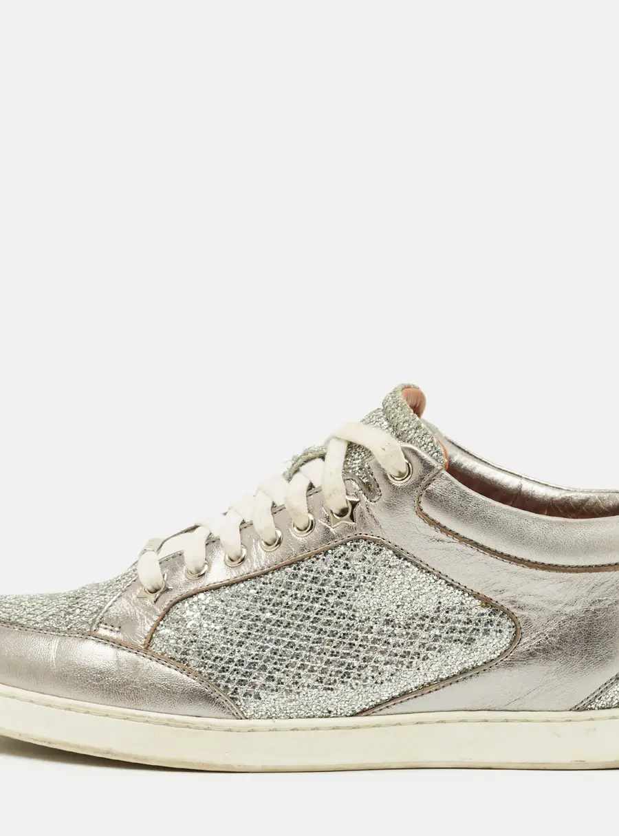 Jimmy Choo Miami Size 40 Silver Glitter and Leather Low Top Sneakers