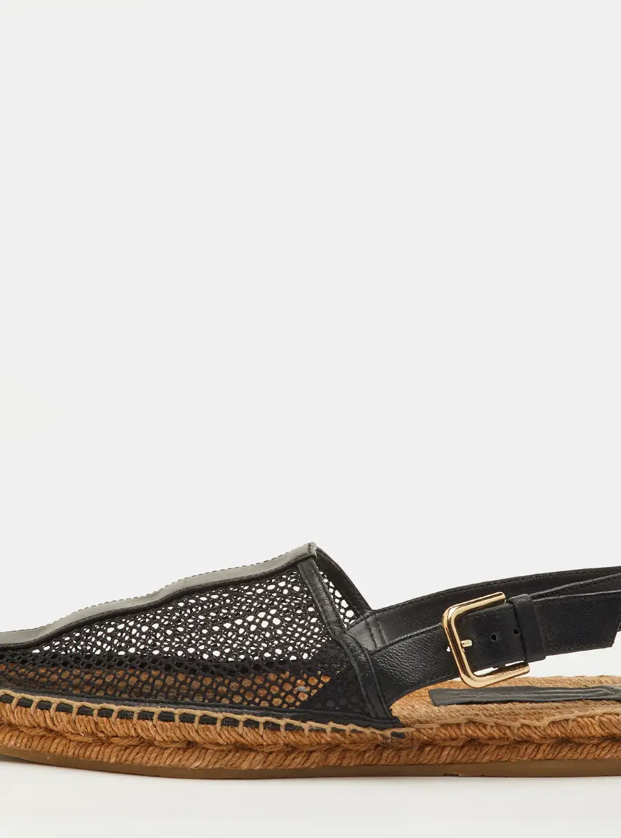 Jimmy Choo Size 39 Black Leather and Mesh Espadrille Slingback Sandals