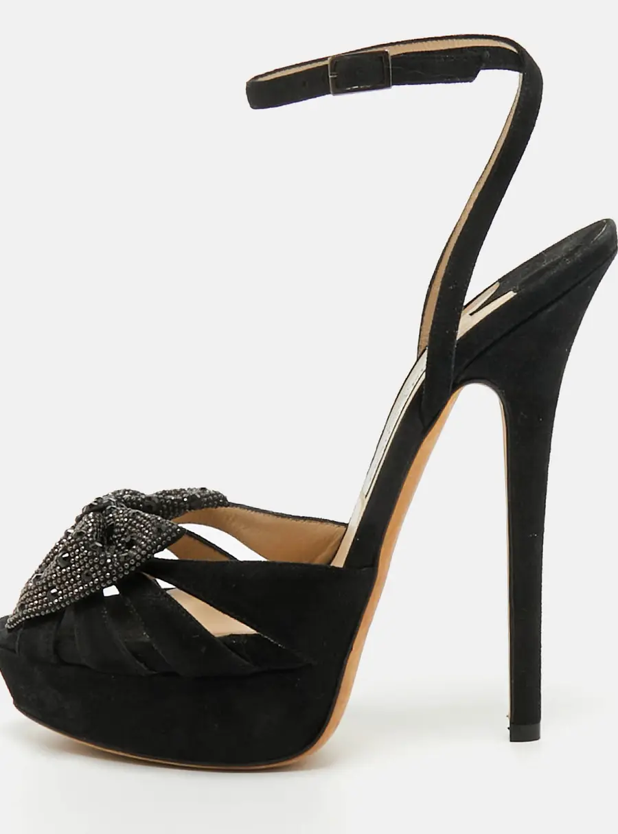 Jimmy Choo Size 38.5 Black Suede Bow Crystal Embellished Ankle Strap Platform Sandals