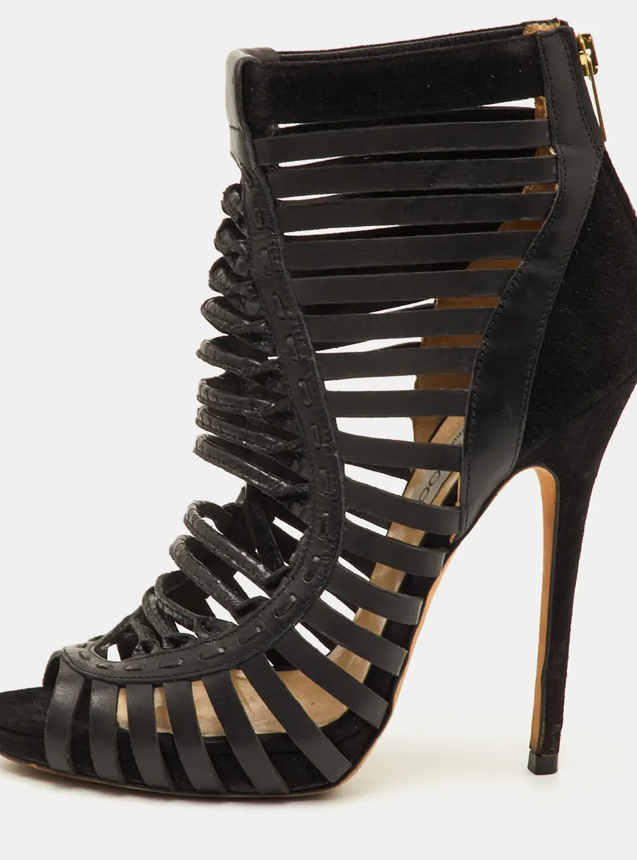 Jimmy Choo Caged Size 38.5 Black Leather and Suede Open Toe Gladiator Sandals