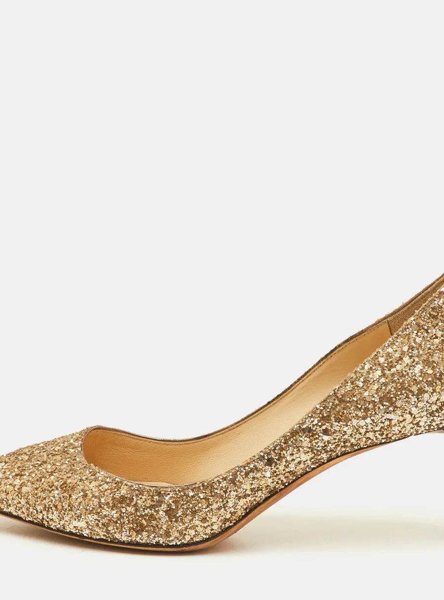 Jimmy Choo Romy Size 37 Metallic Gold Coarse Glitter Pointed Toe Pumps