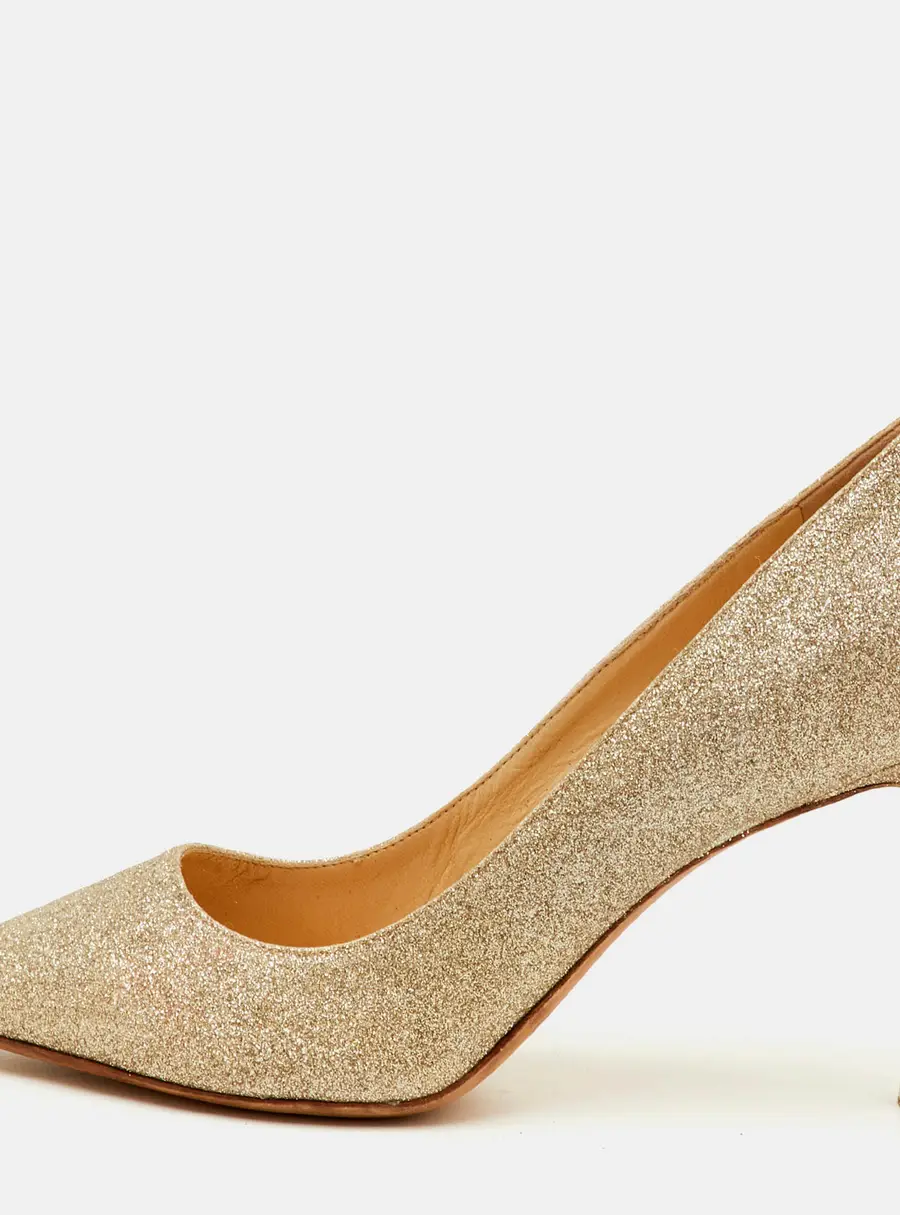 Jimmy Choo Romy Size 35.5 Metallic Gold Glitter Pointed Toe Pumps
