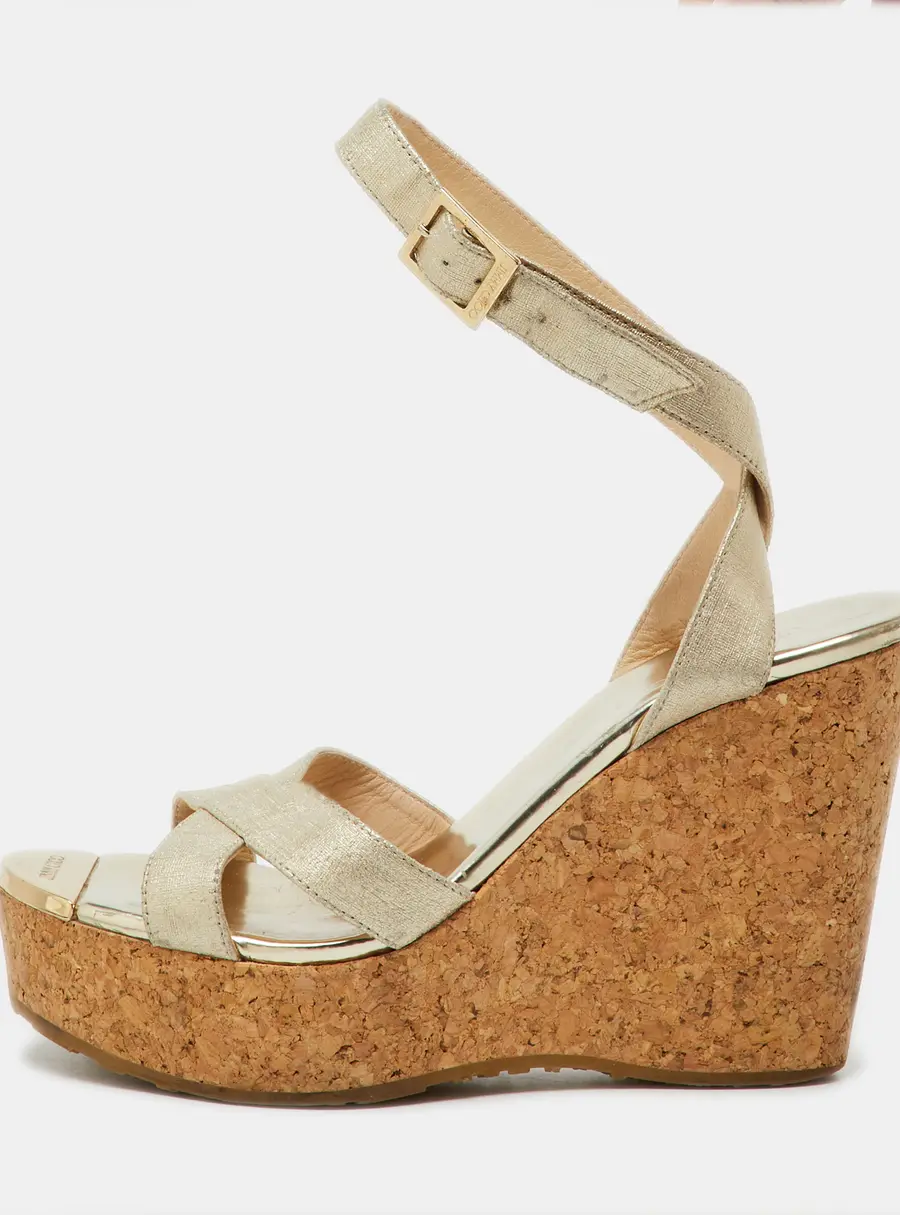 Jimmy Choo Gold Coated Fabric Cork Platform Wedge Sandals Size 36