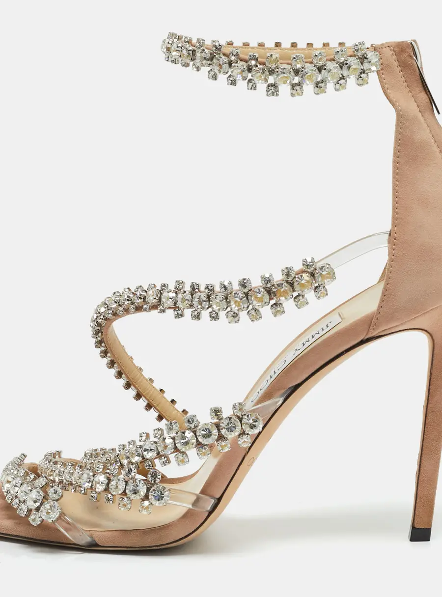 Jimmy Choo Beige PVC and Suede josefine 100 Crystals Embellished Sandals Size 40