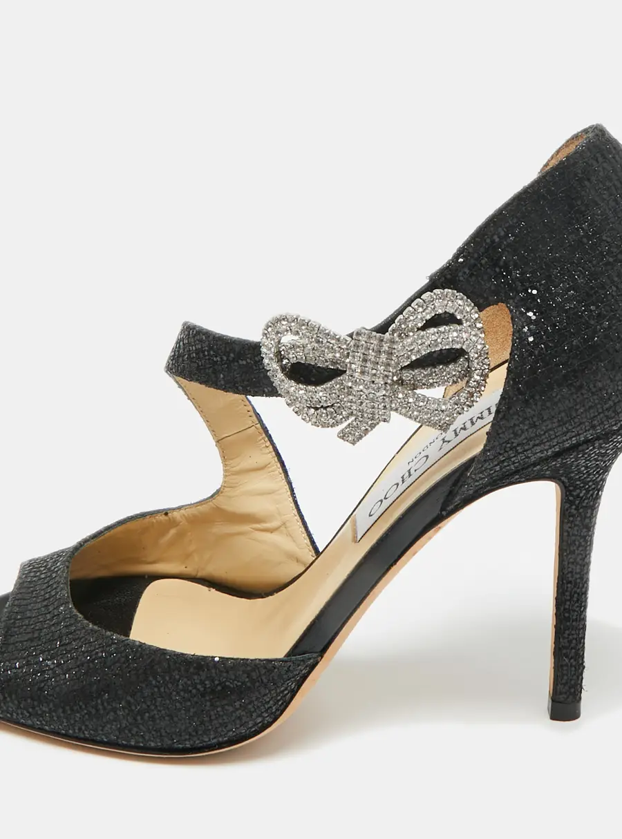 Jimmy Choo Black Coarse Glitter Peep Toe Ankle Strap Pumps Size 36