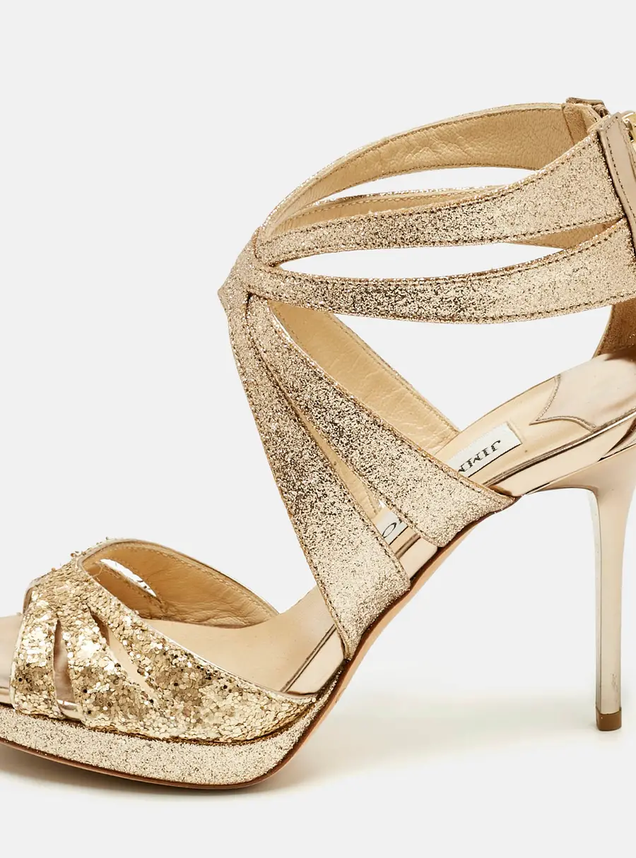 Jimmy Choo Size 35.5 Gold Glitter and Leather Ankle Strap Sandals