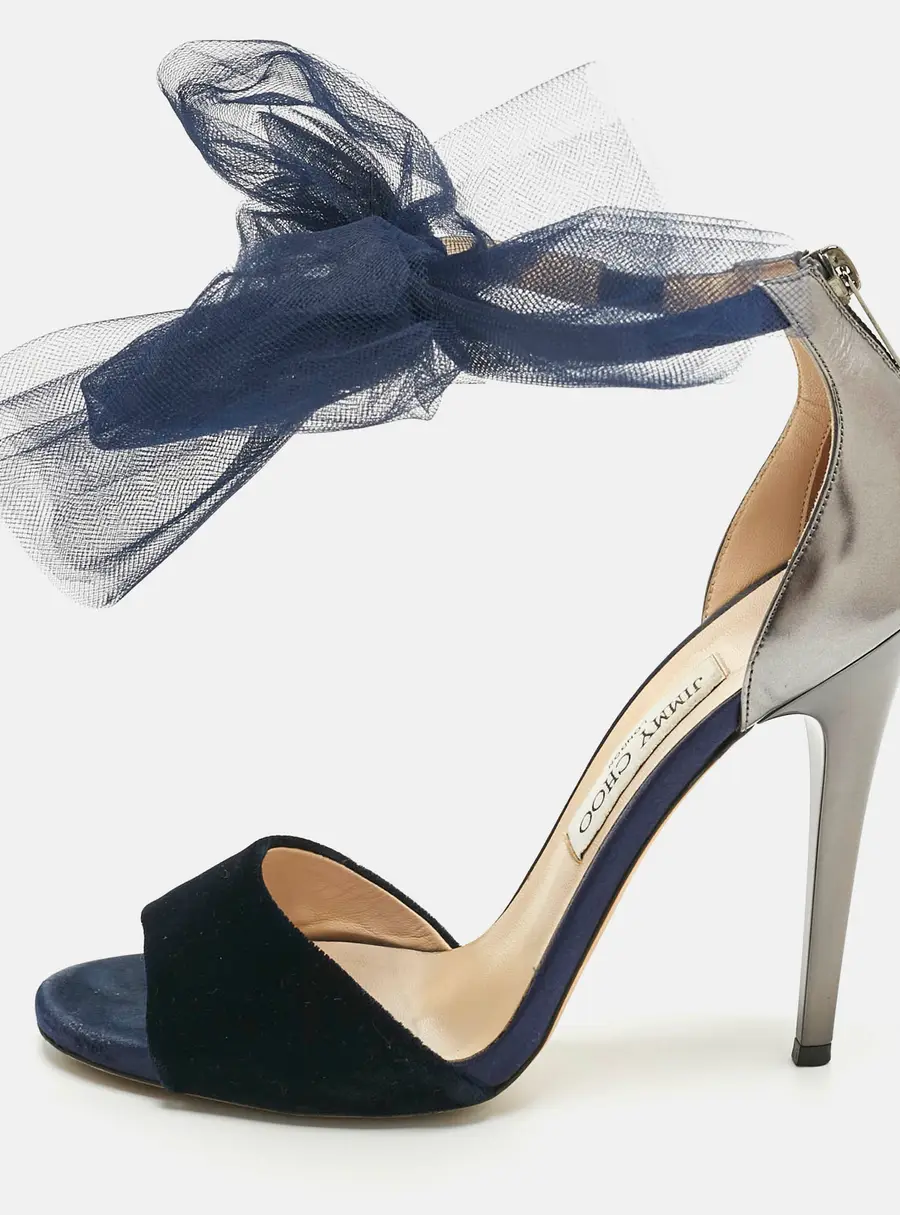 Jimmy Choo Blue/Grey Velvet And Leather Bow Lilyth Ankle Strap Sandals Size 39.5