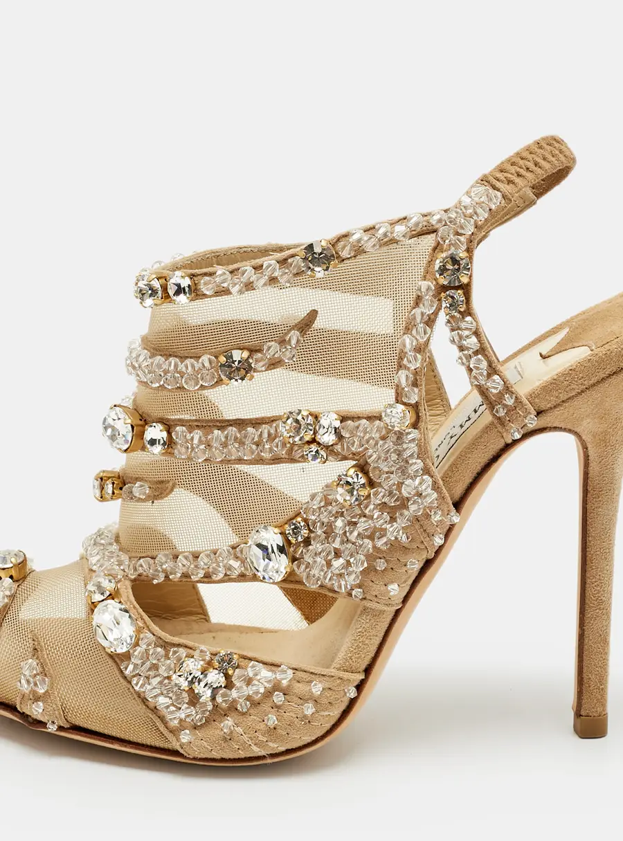 Jimmy Choo Beige Mesh and Suede Crystal Embellished Slingback Sandals Size 37