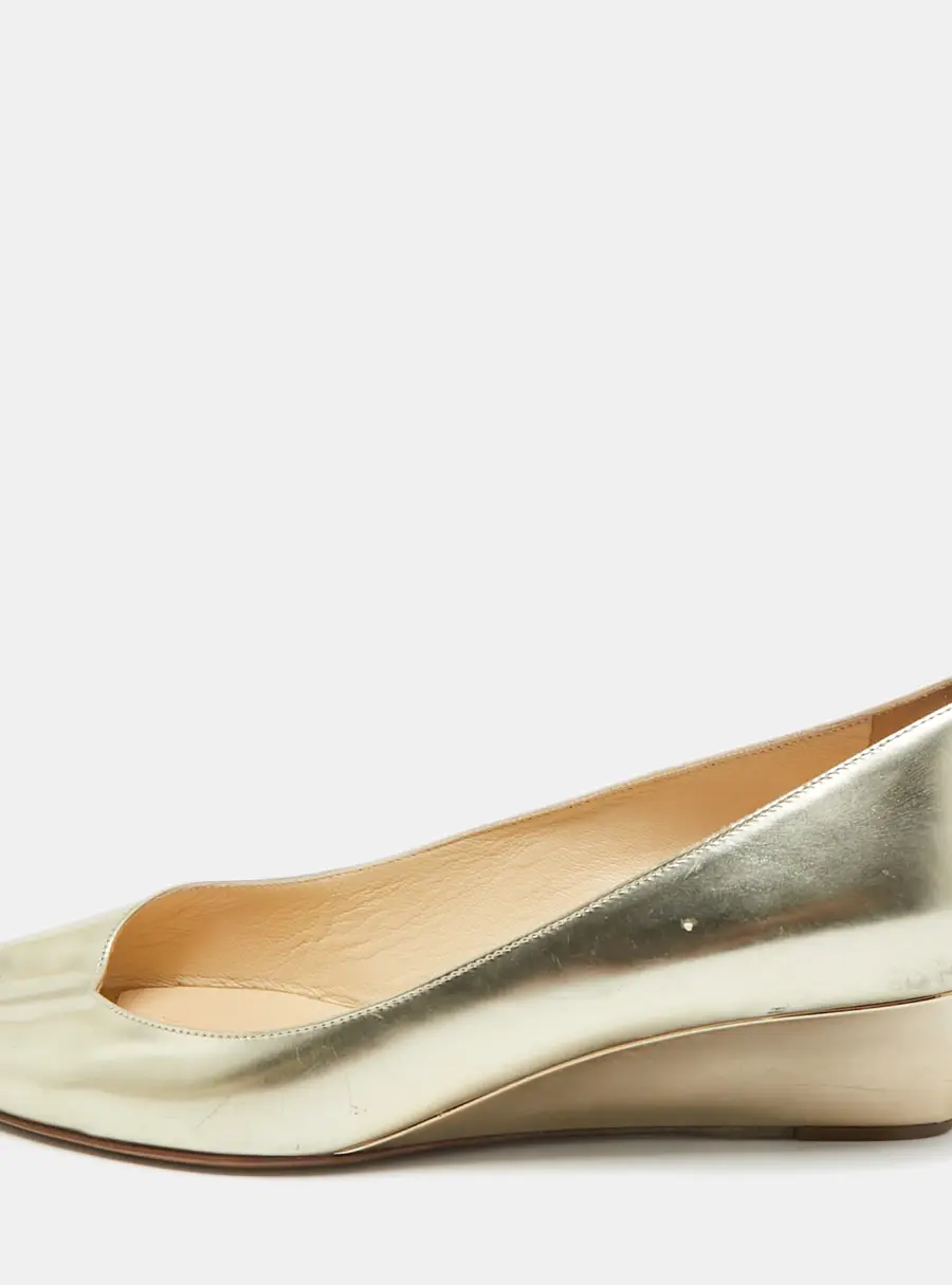 Jimmy Choo Metallic Gold Leather Baxen Wedge Peep Toe Pumps 39