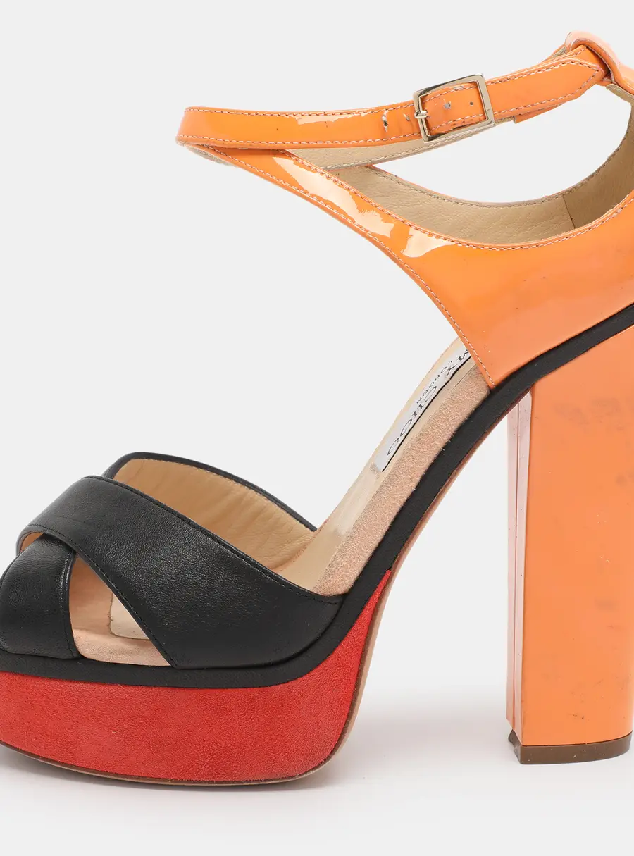 Jimmy Choo Tricolor Leather Cross Strap Platform Block Heel Sandals Size 38.5