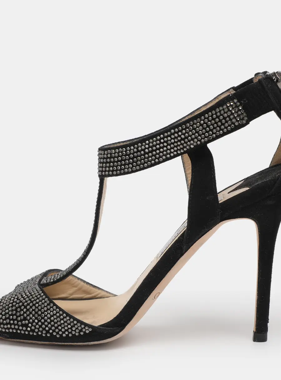 Jimmy Choo Black Suede Glint Rhinestone Strappy Sandals Size 38.5
