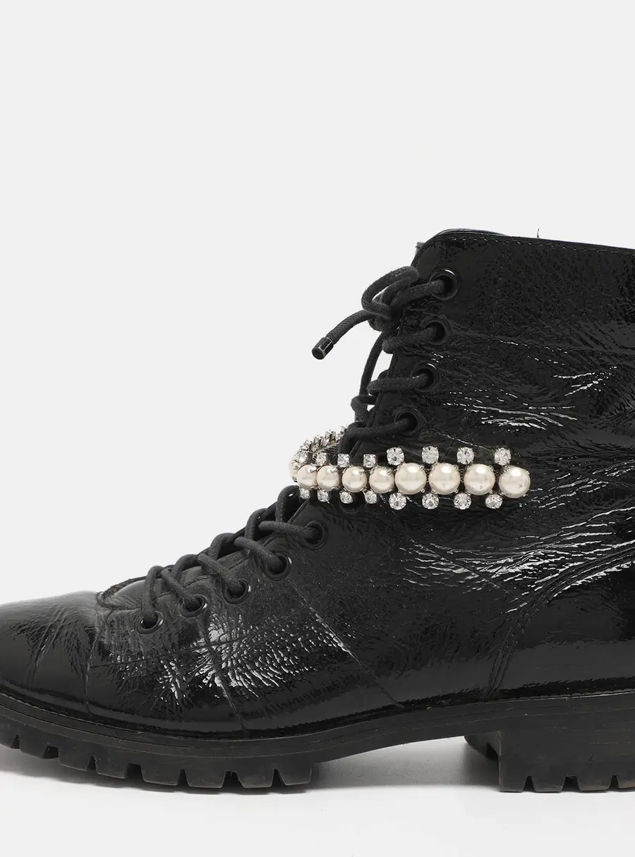 Jimmy Choo Black Patent Leather Cruz Combat Boots Size 37.5