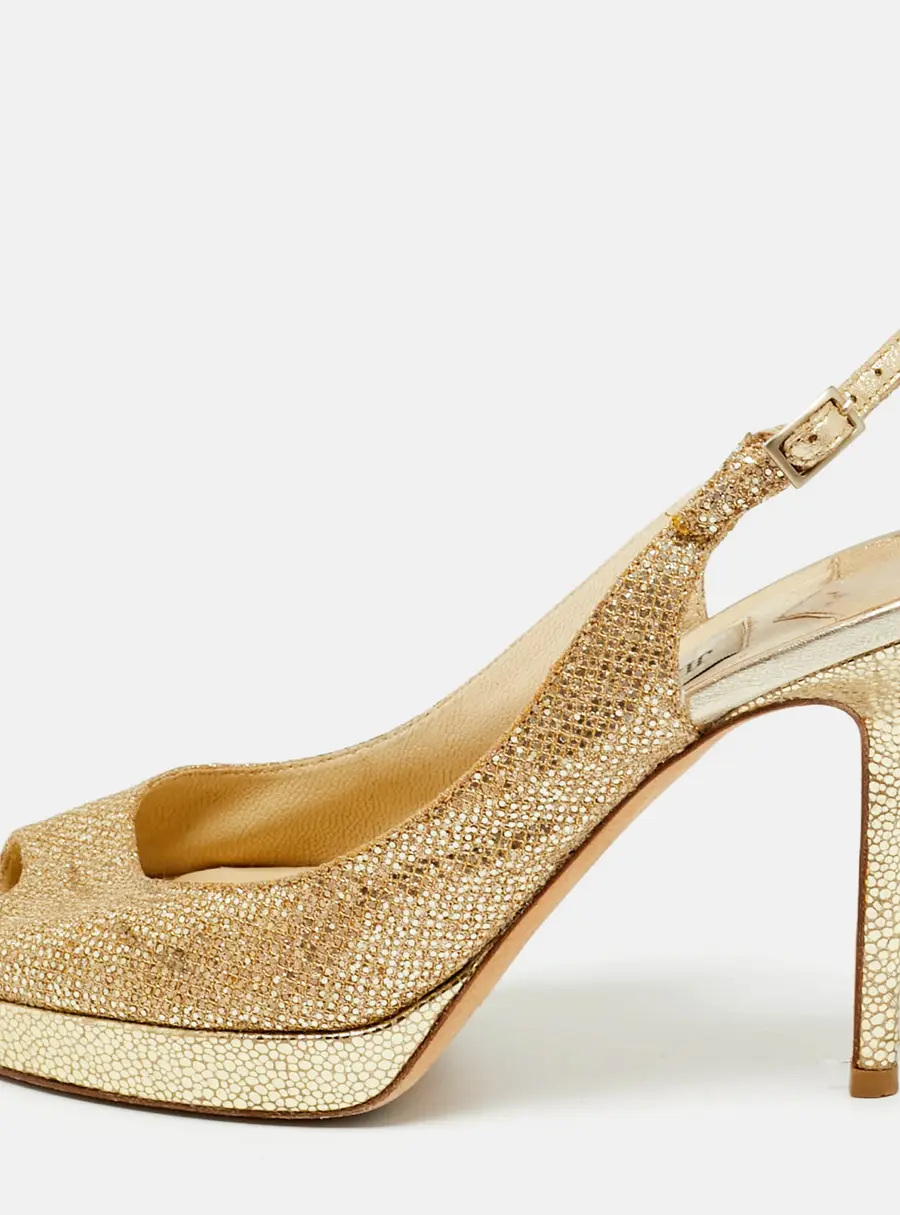 Jimmy Choo Gold Lurex Fabric verity Peep Toe Pumps Size 36