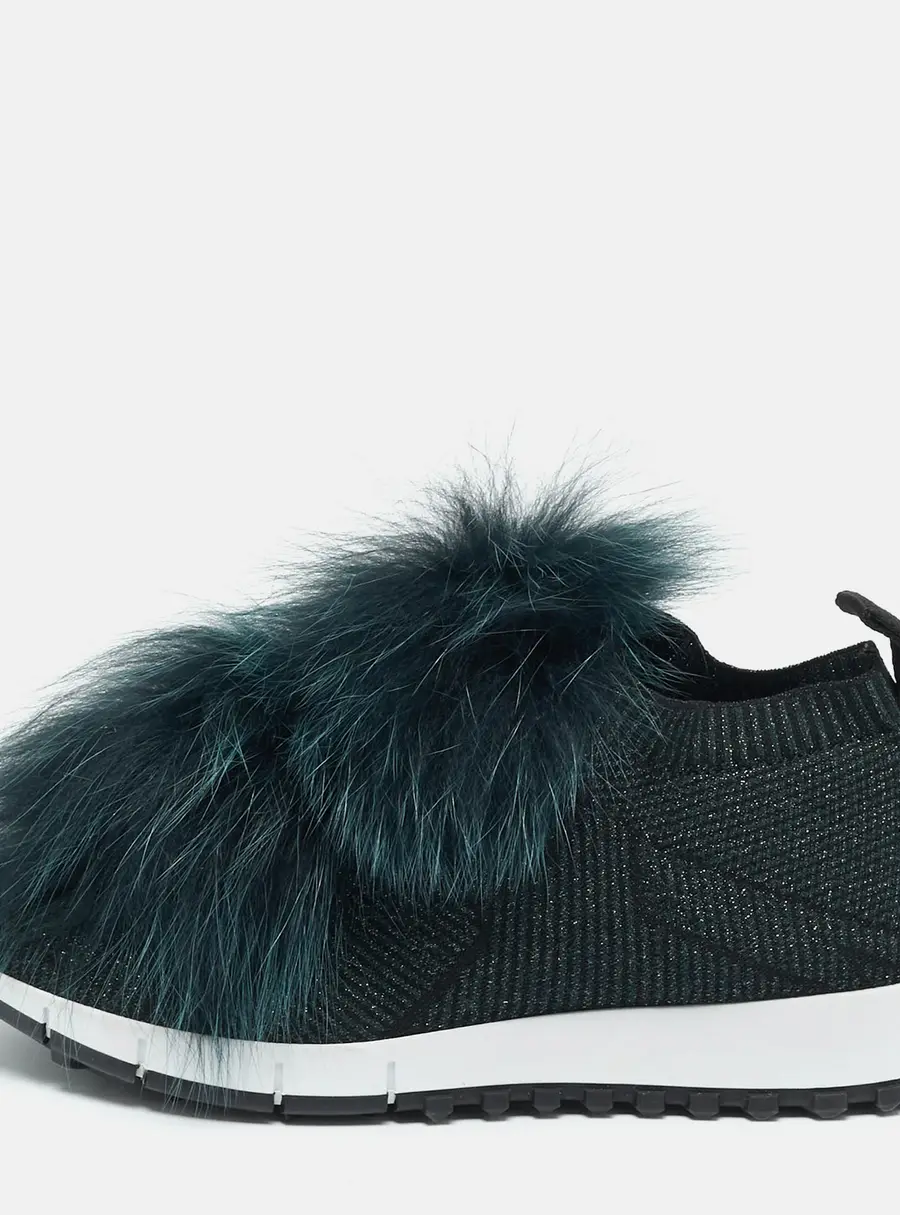 Jimmy Choo Green Fur and Lurex Fabric Norway Pom Pom Sneakers Size 36.5