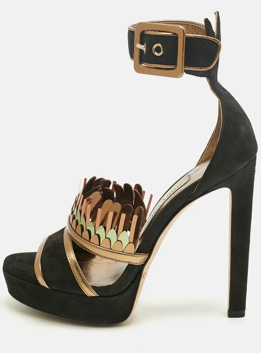 Jimmy Choo Black/Gold Suede Kathleen Open Toe Ankle Cuff Sandals Size 36