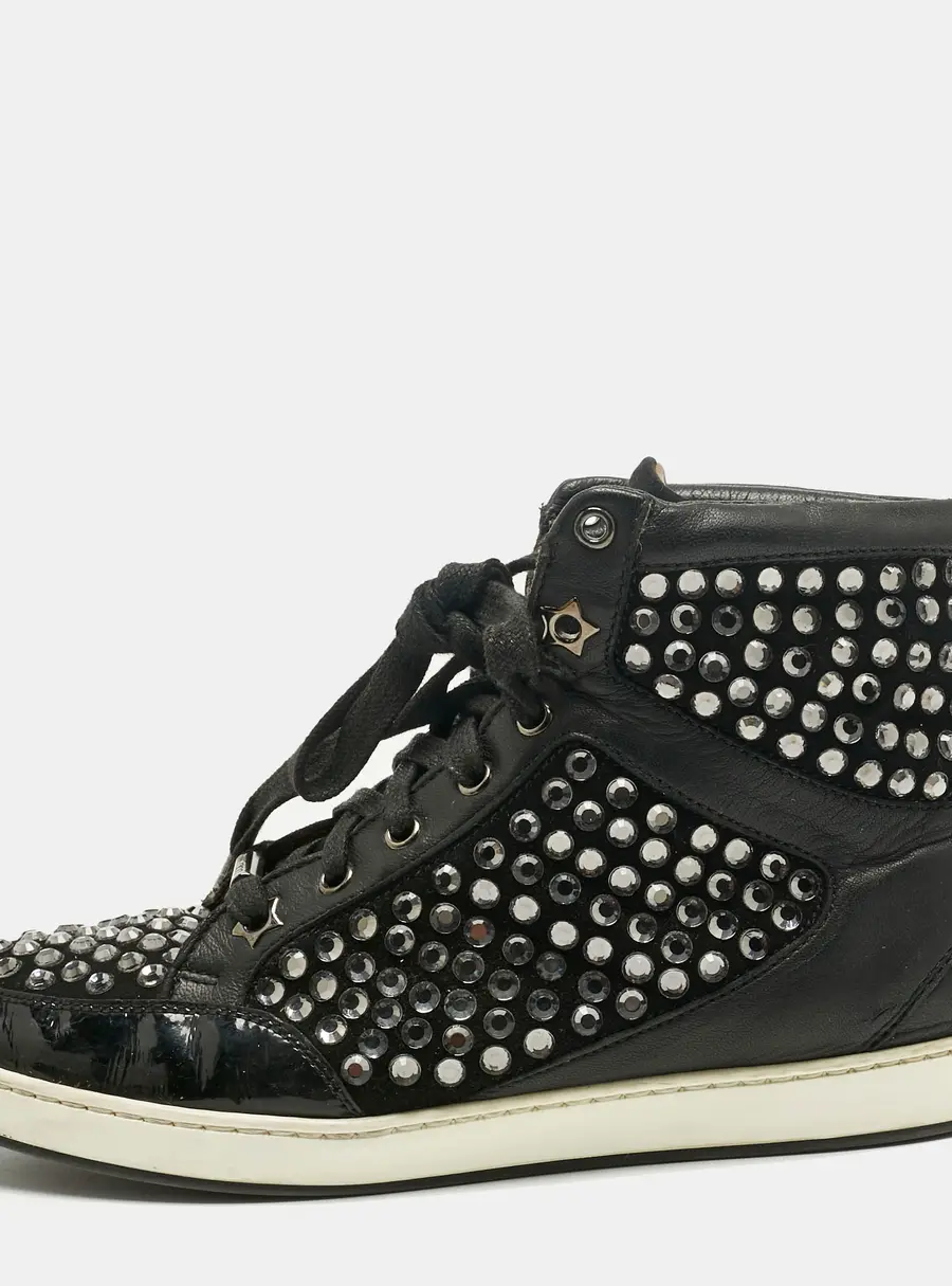 Jimmy Choo Black Leather and Suede Crystal Embellish High Top Sneakers Size 37