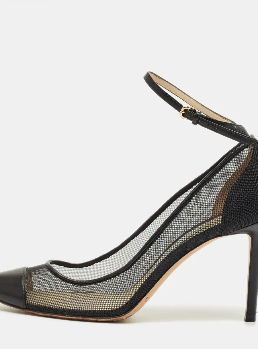 Jimmy Choo Black Leather and Mesh Tower Ankle Strap Pumps Size 37