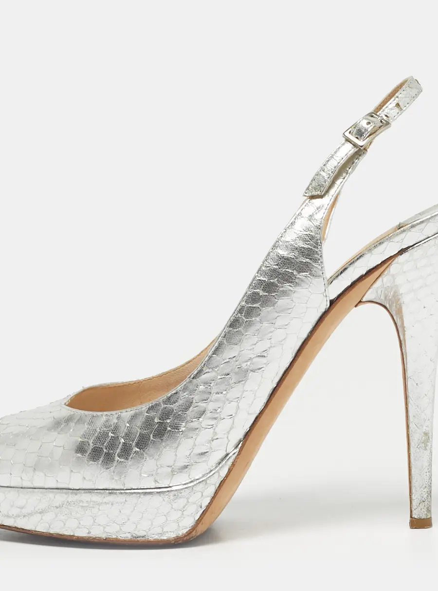 Jimmy Choo Silver Python Embossed Leather Nova Peep Toe Pumps Size 38
