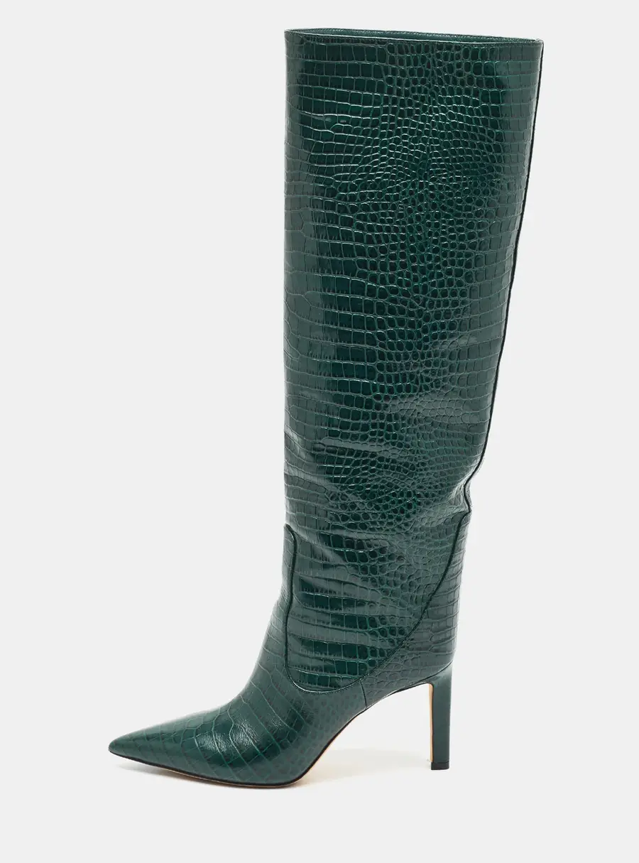 Jimmy Choo Mavis 85 Size 37.5 Green Croc Embossed Leather Knee Length Boots